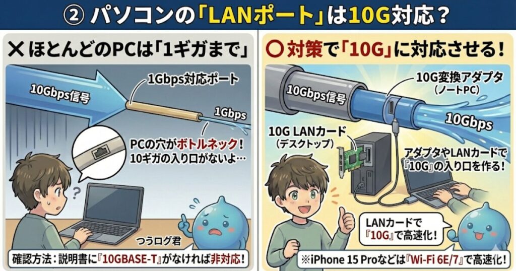 ② パソコンの「LANポート」は10G対応？
