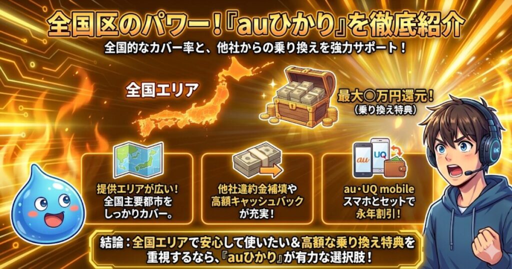 エリアの広さと乗り換え特典なら「auひかり」