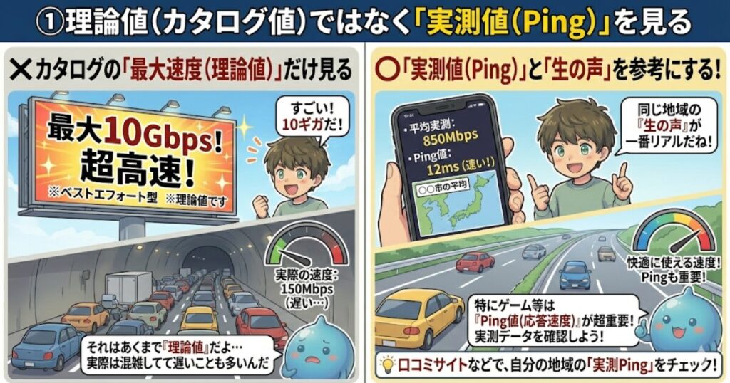①理論値（カタログ値）ではなく「実測値（Ping）」を見る