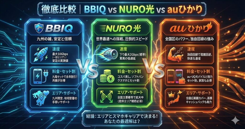 徹底比較|BBIQ vs NURO光 vs auひかり