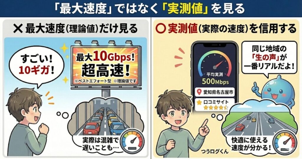「最大速度」ではなく「実測値」を見る